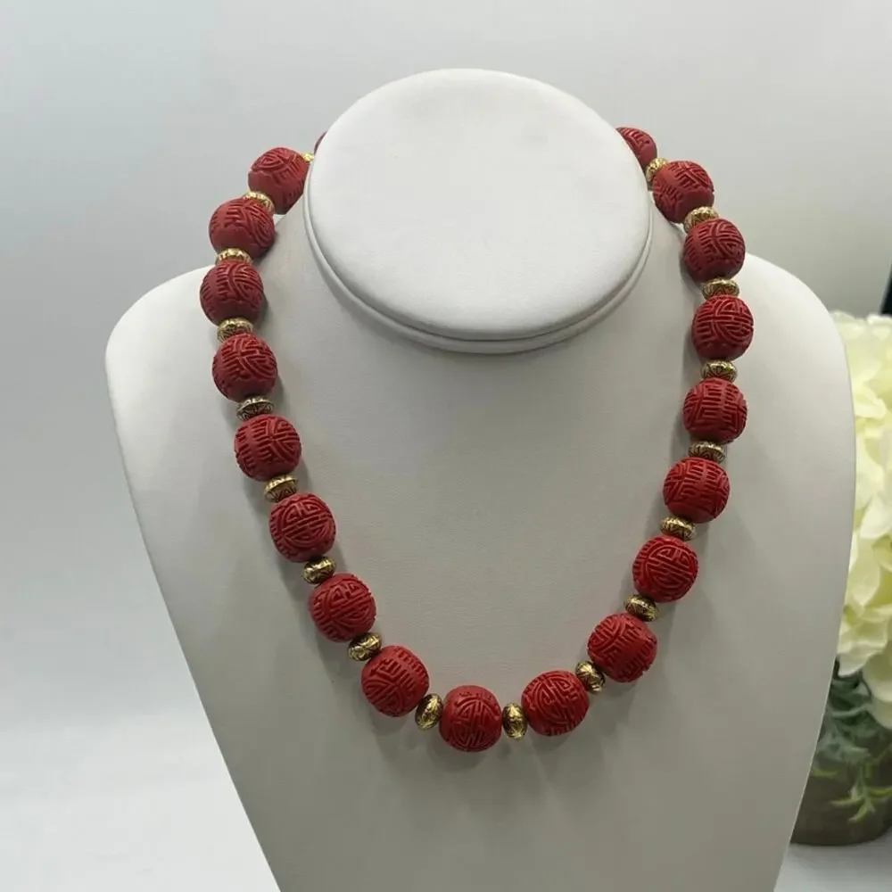 Vintage Chinese Carved Red‎ Cinnabar Style Lacquered Beaded Jewelry Necklace
